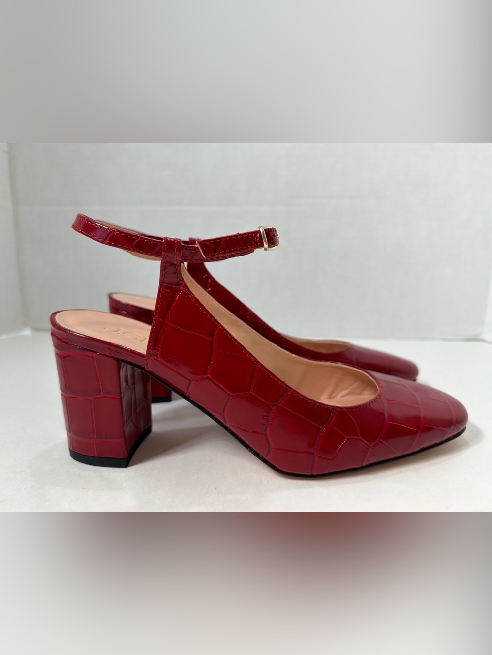 J Crew RED MAISIE ANKLE STRAP BLOCK HEELS Size 7.5 US NWOB Embossed Croc